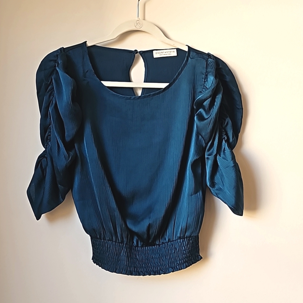 Paper Crane Teal Rouched Sleeve Blouse